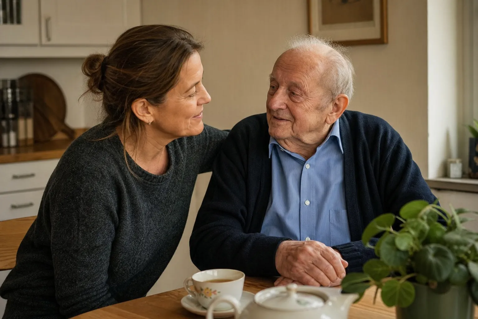 Angehörige und Senior gemeinsam am Küchentisch