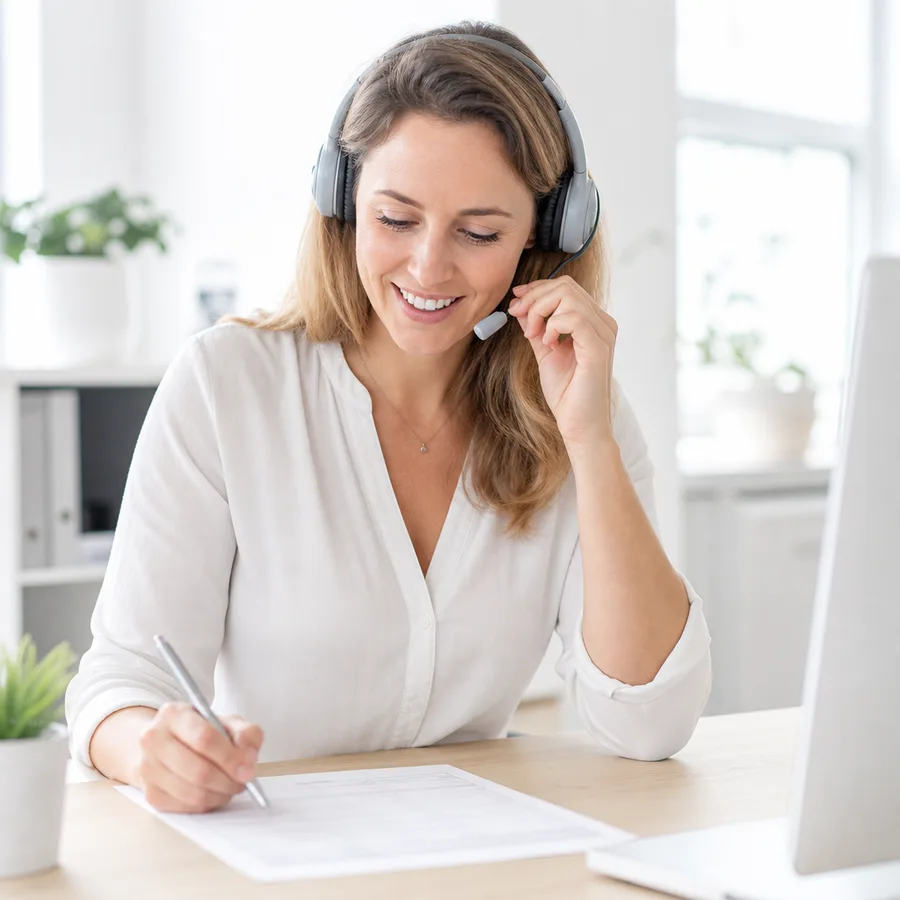 Beraterin mit Headset am Telefon in einem hellen Büro
